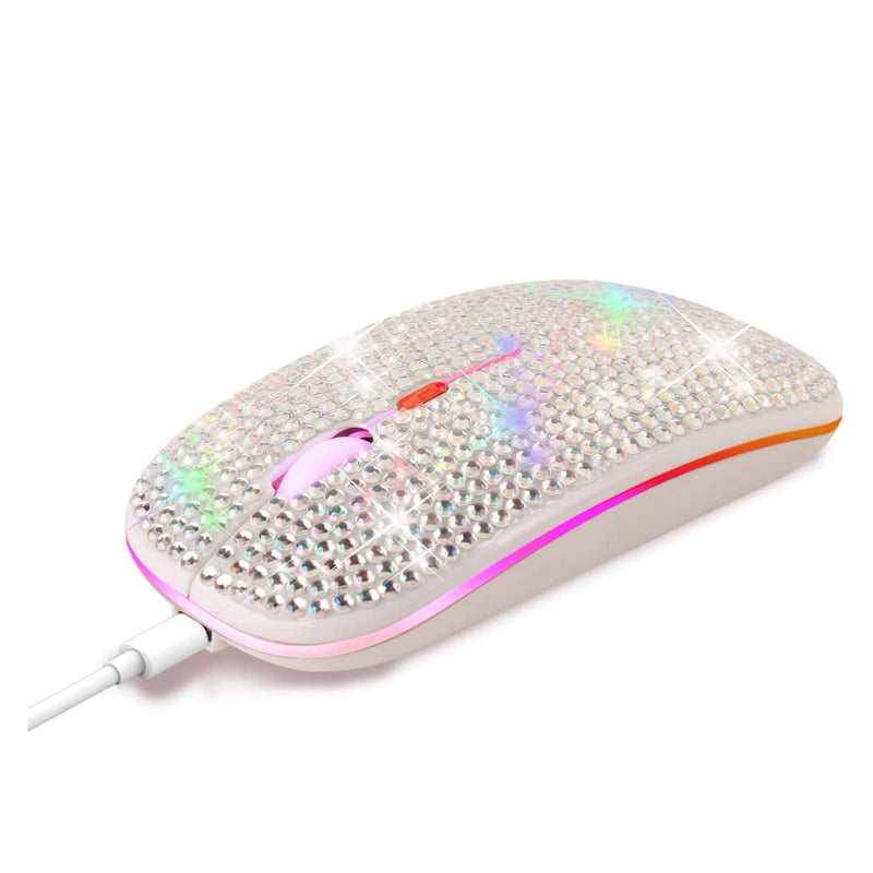 Bling Dazzling Rechargeable 2.4GHz+5.2 Bluetooth Wireless Mouse Covered with Crystal Diamond Rhinestone,RGB Backlit,Great Gift idea for Her (Silver) Silver