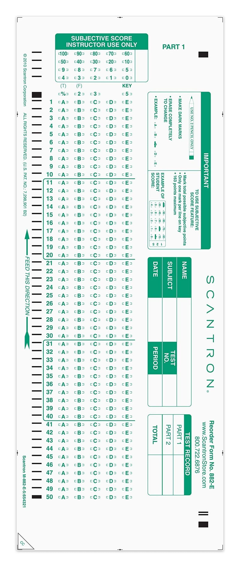 Official Scantron Brand 882-E Answer Sheet (50 Pack) 50 Pack