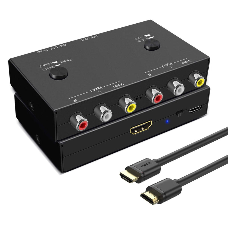 [AUSTRALIA] - 2 AV to HDMI, 1080P/720P TV 2 Way RCA Composite CVBS AV Switch to HDMI Video Audio Converter Adapter Support 4:3/16:9 Switching, for Sega Xbox PS2 PS3 N64 NGC SNES WII VHS VCR Camera DVD 2 RCA Converter 