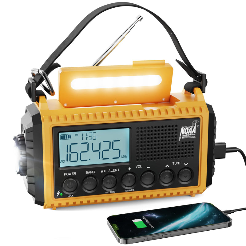 Emergency Radio Raynic 5000 Weather Radio Solar Hand Crank AM/FM/SW/NOAA Weather Alert Portable Radio with Cellphone Charger, Headphone Jack, Flashlight, Reading Lamp and SOS Alarm (Yellow) Yellow-LCD Display