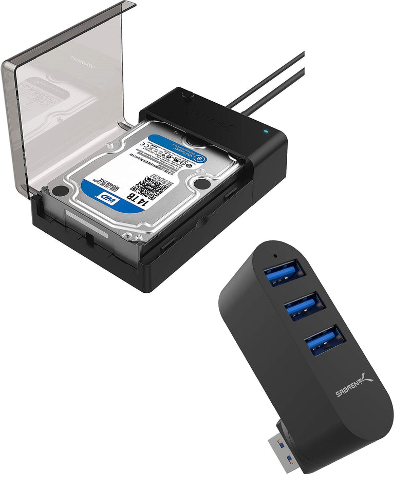 Premium 3 Port Aluminum Mini USB 3.0 Hub [90°/180° Degree Rotatable]+USB 3.0 to SATA External Hard Drive Lay Flat Docking Station for 2.5 or 3.5in HDD, SSD