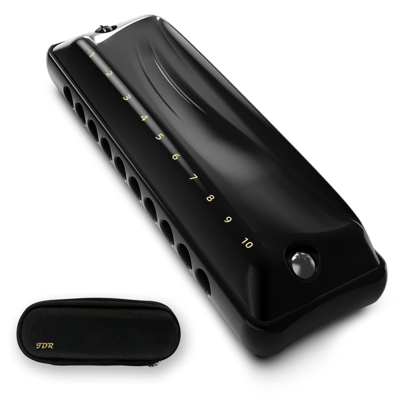 JDR Harmonica Key of C Ninja, Blues Mini Harp 10 Holes 20 Tones Musical with Case for Adults Beginners Teacher Professional Students Musician Folk Rock Standard Diatonic Mouth Organ Black
