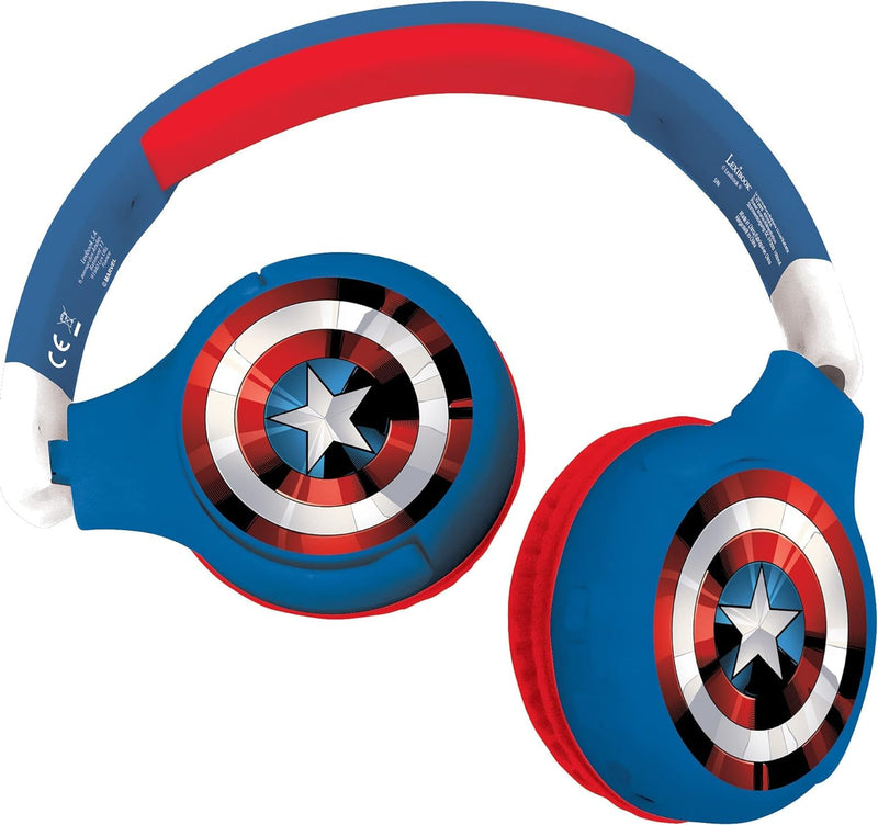 LEXiBOOK, Avengers Bluetooth Headphones, HPBT010AV | 2-in-1 Bluetooth & Wired, Kids safe, Foldable, Adjustable, Red/Blue