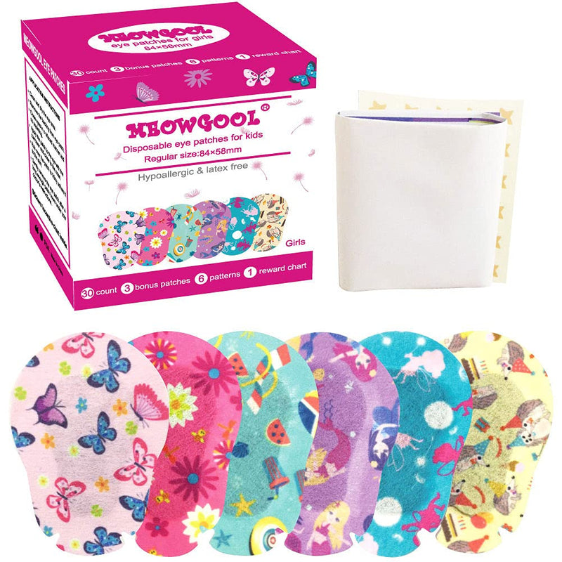[AUSTRALIA] - Adhesive Eye Patches for Kids with Lazy Eye, 30+3 Bonus Patches, Bandages for Amblyopia 6 Fun Girls Designs, 1 Stickers Incentive Poster (Regular Size) 
