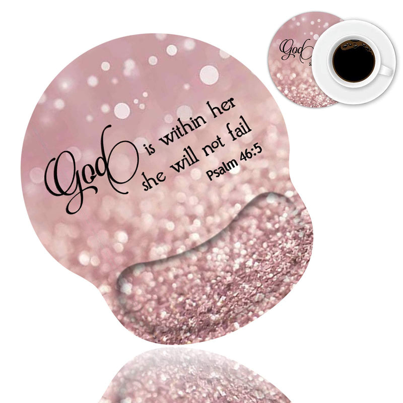 Ergonomic Mouse Pad Wrist Support and Coffee Coaster, Cute Wrist Rest Pad with Non-Slip PU Base for Home Office Working Studying Easy Typing & Pain Relief, Christian Quote Bible Verse Psalm 46:5