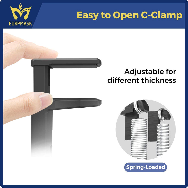 PC Gaming Headphone Stand, Dual Headset Hanger Hook Holder with Adjustable & Rotating Arm Clamp , Under Desk Design , Universal Fit , Built in Cable Clip Organizer EURPMASK Black
