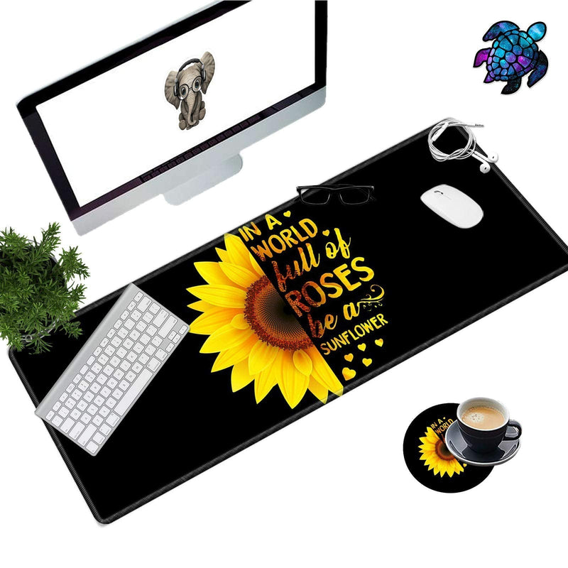 Desk Pad Mat Large Mouse Pad XL Extended Mousepad Gaming with Sunflower Black 31.5" 11.8" Huge Mouse Pads for Computer Laptop Home Office + Cup Coaster and Cute Stickers