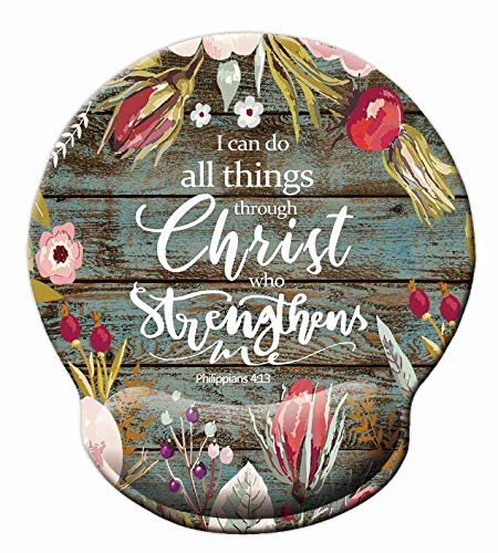 Bible Verse Scripture Quote-I can do All Things Through Christ who Strengthens Me Philippians 4-13 Mouse Pad, Vintage Floral Rustic Old Wood Inspirational Quote Mouse Wrist Rest Support Pads Wood grain gray