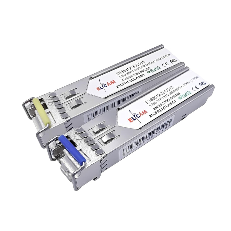 Elfcam® - Pack of 2 SFP Module 1.25G LC/UPC Single Mode Fiber Optic Cable Connector, 10KM DDM, TX 1310nm / RX 1550nm and TX1550nm / RX1310nm grey
