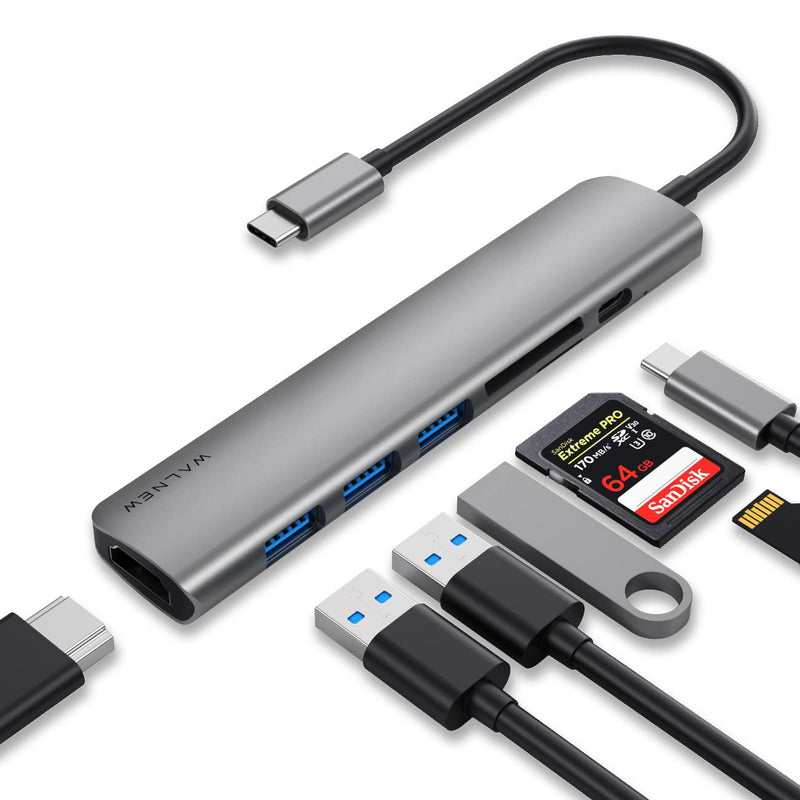 WALNEW USB C Hub, MacBook Pro USB C Adapter, 7-in-1 Type C Hub with 4K USB-C to HDMI, 3 USB 3.0 Ports, SD/TF Card Reader, 100W PD Dock for MacBook Pro/Air(Thunderbolt 3)/ Type C Devices Gray
