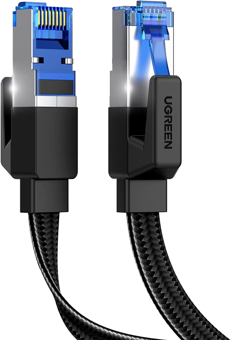 UGREEN Cat 8 Ethernet Cable 50FT, Flat High Speed 40Gbps 2000Mhz Internet Cable 26AWG Braided Network Cord RJ45 Shielded Indoor LAN Cables Compatible for Gaming PC PS5 Xbox Modem Router 50FT