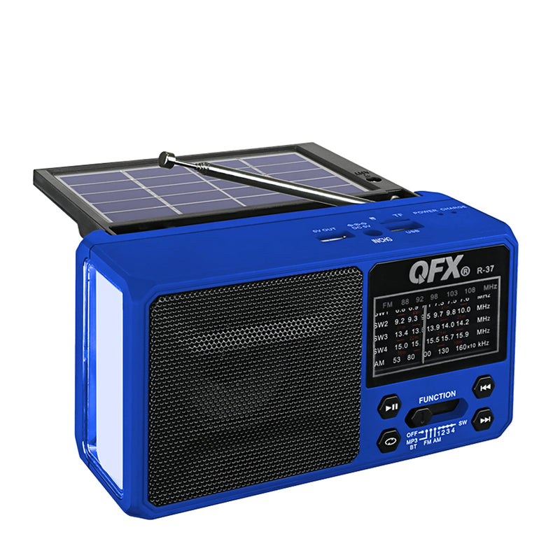 QFX R-37-BL 6-Band (AM, FM, SW1 - SW4) Bluetooth LED Flashlight Solar Radio (2021 Model)