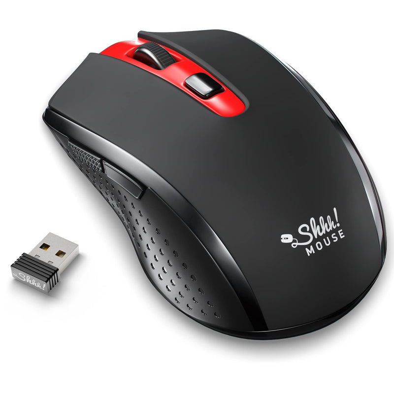 ShhhMouse Silent Wireless Mouse for Laptop - Optical Cordless Computer Mice with USB – Quiet Click, 3 DPI Levels of Sensitivity, Side Buttons - Portable for PC, Chromebook [Black & Red] Black & Red