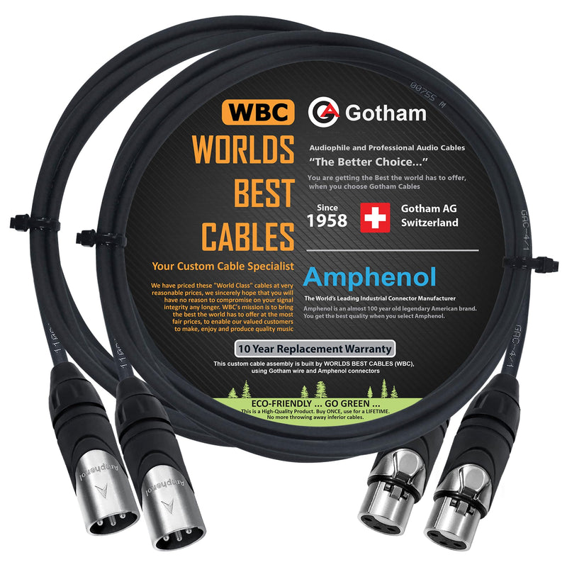 WORLDS BEST CABLES 2 Units - 4 Foot - Gotham GAC-4/1 (Black) - Star Quad, Dual Shielded Balanced Male to Female Microphone Cables with Amphenol AX3M & AX3F Silver XLR Connectors - Custom Made