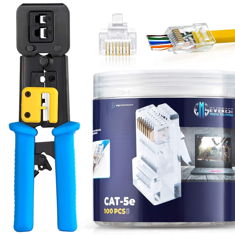 Bundle – 2 items: RJ45 Crimp Tool + 100 Pack of Cat5e Pass Through Connectors.