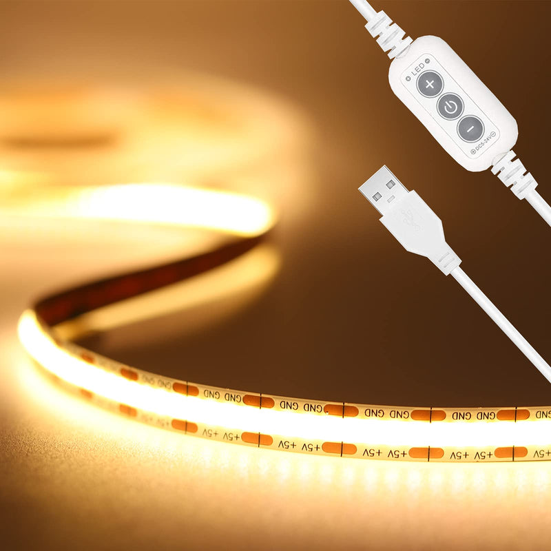 PAUTIX COB LED Strip Light 5V USB 6.56ft/2m 640LEDs 1200lm Dimmable LED Strip Light 3000K Warm White CRI85+ USB TV Backlight,Flexible Under Cabinet Tape Light for Bedroom,Kitchen,Home DIY Lighting 6.56ft/3000k(In-line Dimmer)