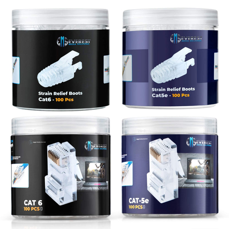 Everest Media Solutions Bundle – 2 Items: RJ45 Cat6 Pass Through Connectors and Strain Relief Boots - Pack of 100/100 + RJ45 Cat5e Pass Through Connectors and Strain Relief Boots - Pack of 100/100