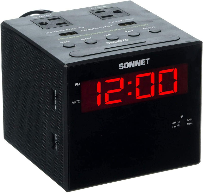 Sonnet Alarm Clock Charging Station, AM FM Radio, Dual USB Charging Ports, Dual AC Outlets, Very Loud Alarm Clock for Heavy Sleepers and The Hearing Impaired for Desk, Bedroom R1414-NO BLUETOOTH