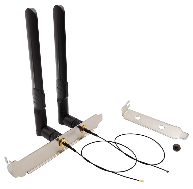 WiFi Antenna Dual-Band 8dBi RP-SMA Male MHF4 Cable Kit for M.2 NGFF Card | 2.4Ghz 5.8Ghz M2 WiFi antenna kit. Includes antennas, MHF4 extension cables, and computer back slot cover brackets