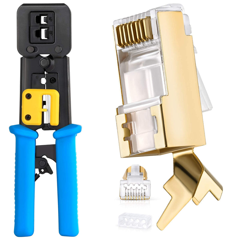 Bundle – 2 Items: RJ45 Cat7 & Cat6A Pass Through Connectors - 30 Pcs + RJ45 Crimp Tool for Pass Through Connector End