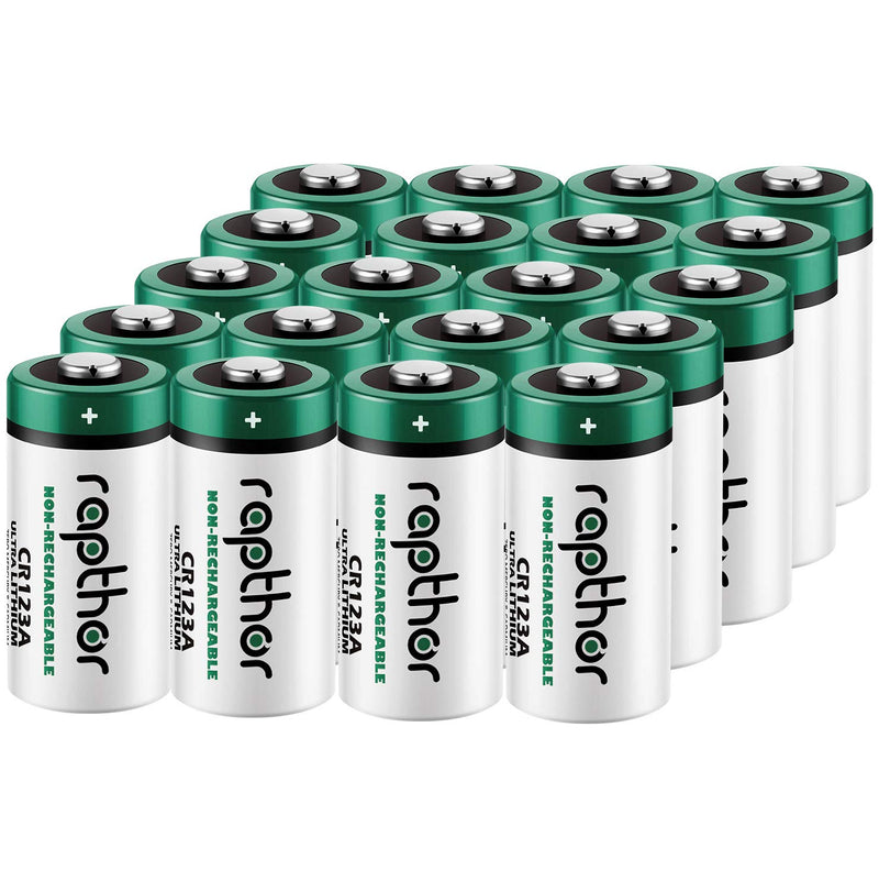 rapthor CR123A 3V Lithium Battery 1650mAh 20 Pack High Power CR123 123A 123 CR17345 Photo Batteries PTC Protected for Cameras Flashlight Alarm Smart Sensors (Non-Rechargeable, Not for Arlo)