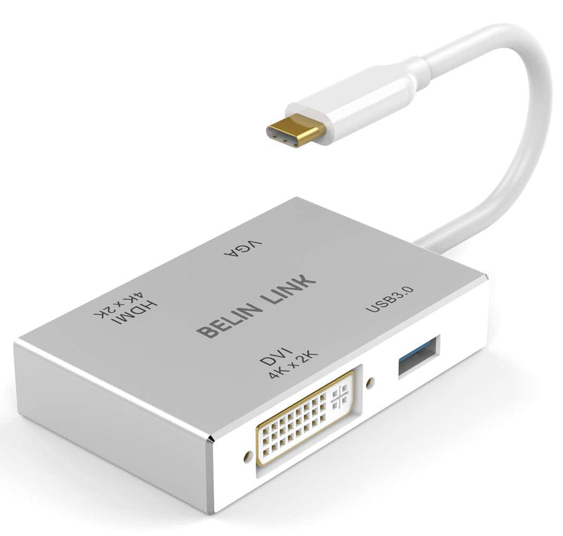 BELIN LINK USB C to HDMI DVI VGA USB 3.0 Adapter,USB 3.1 Type-C 4in1 Hub to HDMI DVI 4K VGA USB Adaptor Converter (Thunderbolt 3 Compatible), USB-C Adapter for MacBook/MacBook Pro air/Surface pro TC 4IN1