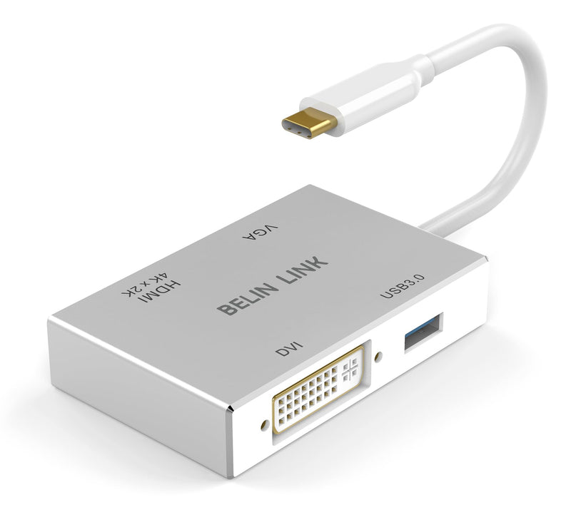 USB C to HDMI DVI VGA USB3.0 Adapter,USB 3.1 Type-C 4in1 Hub to HDMI DVI 4K VGA USB Adaptor Converter (Thunderbolt 3 Compatible), USB-C Adapter for MacBook/MacBook Pro air/Surface pro