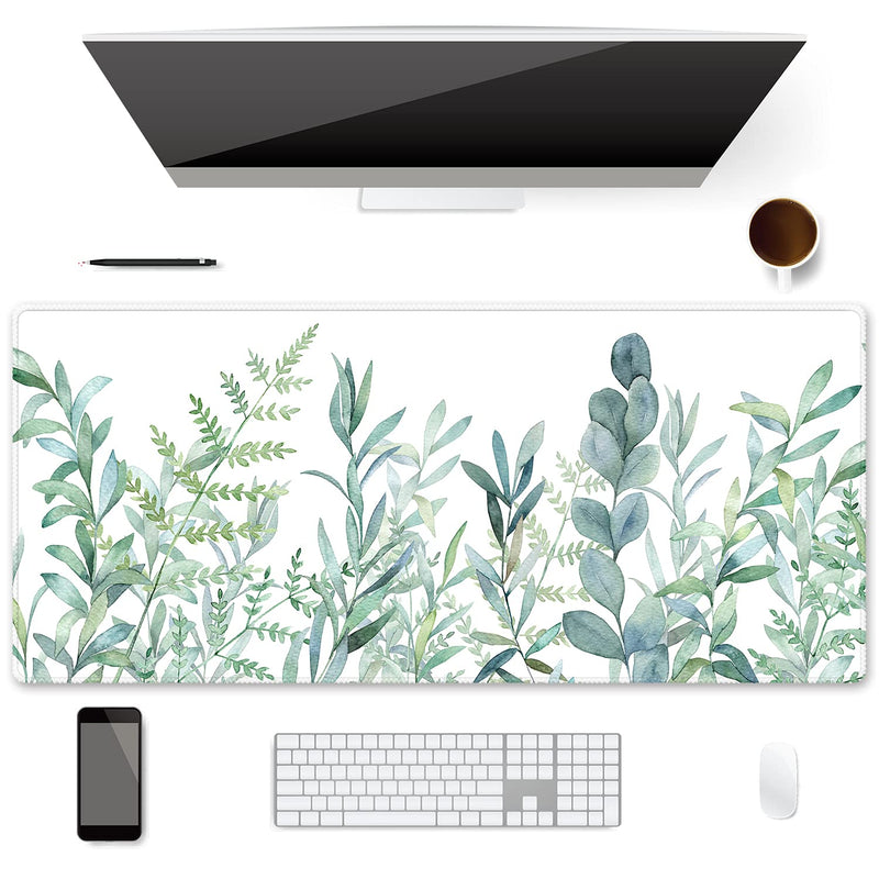 Extended Gaming Mouse Pad (35.4x15.7 inch 3mm Thick), iDonzon Soft Cute Extra Large XXL Waterproof Thicken Desk Mouse Keyboard Mat with Non-Slip Rubber Base & Stitched Edges, Green Plants