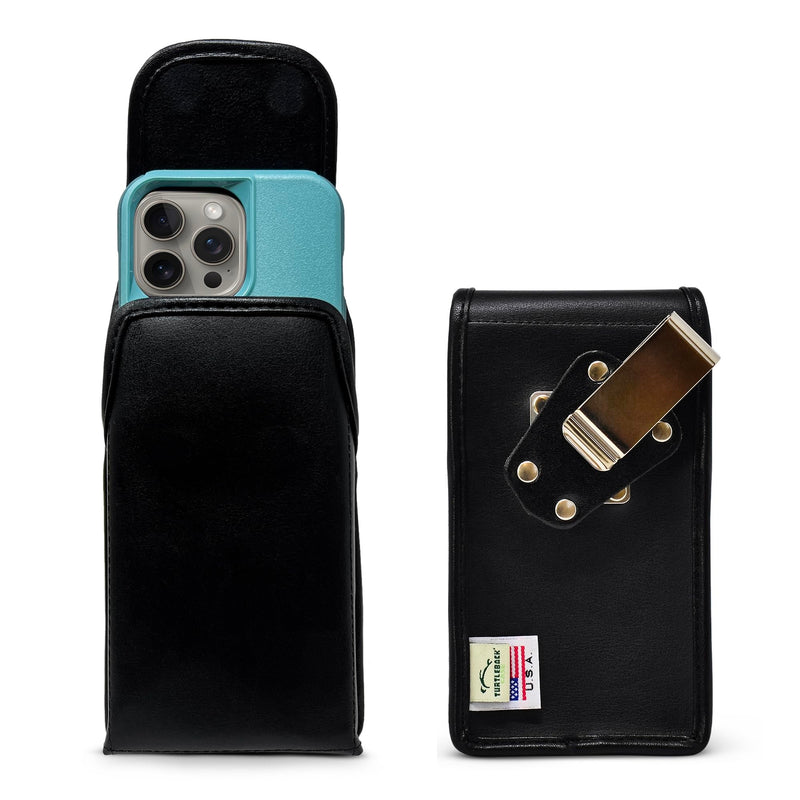 Turtleback Belt Clip for iPhone 16 Pro, 16e, 15 pro 14 Pro 13 Pro -Medium- Fits w/Shockproof Commuter Style Cases, Premium Black Leather, Vertical Belt Holder, Magnetic Closure HD Rotating Clip Medium Vertical - Leather w/ Metal Clip