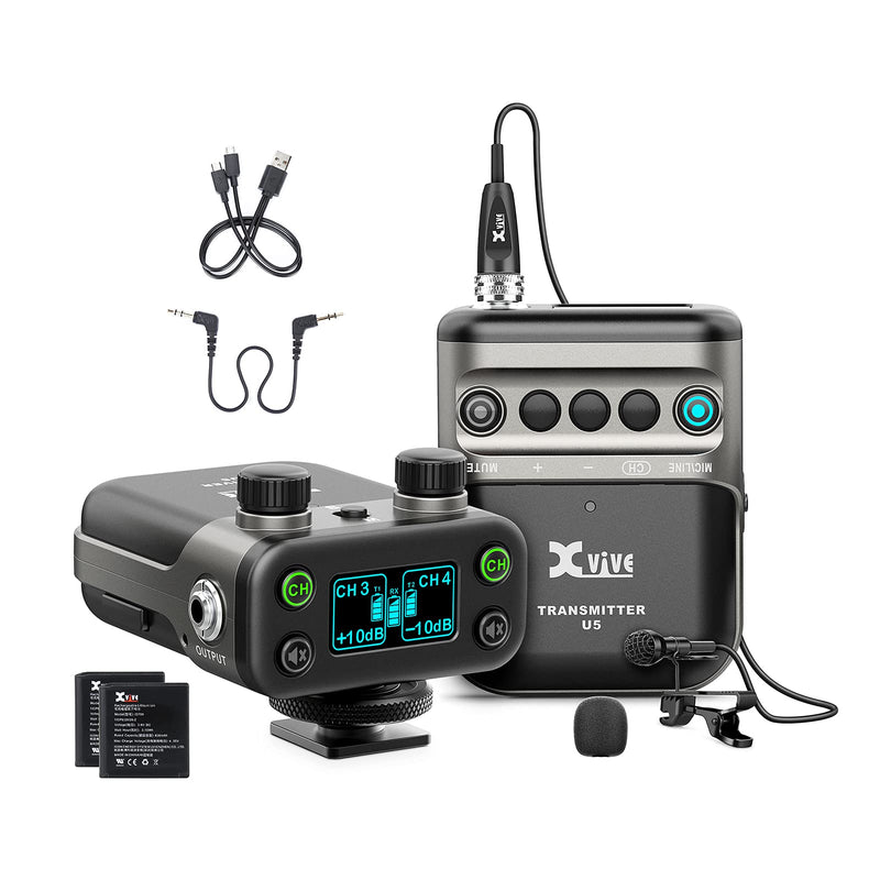 Xvive U5 Wireless Lavalier Microphone System 2.4Ghz Dual Channel with LV1 Lavalier Mic for DSLR Camera,Digital Camera,Recorder,Smart Phone for Recording YouTube TikTok Vlogging