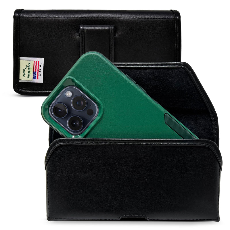Turtleback Belt Holder for iPhone 16 Pro Max, 15 Pro Max, 14 Pro Max -Medium- Fits w/Shockproof Commuter Style Cases, Premium Black Leather Horizontal Case Magnetic Closure Leather Wrapped Clip Medium Horizontal - Leather w/ Leather Clip