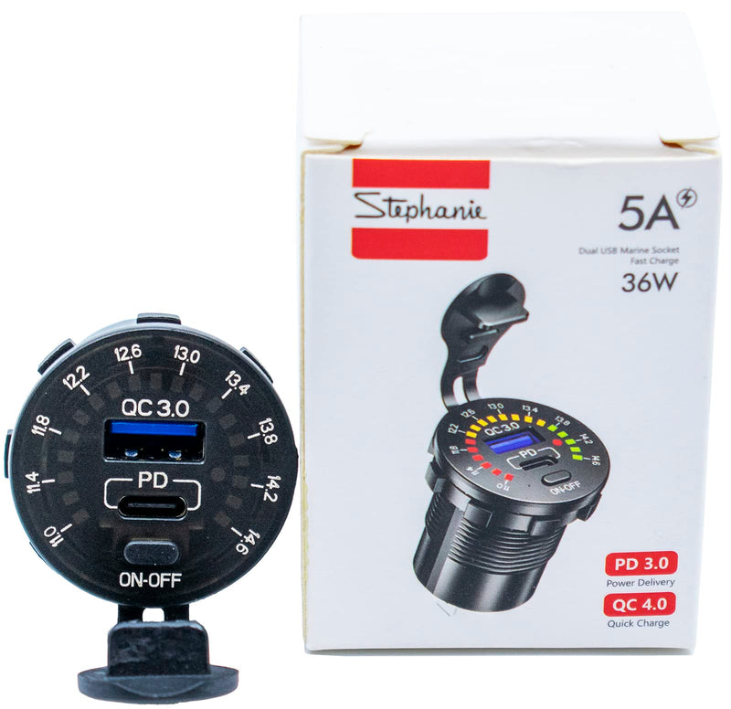 12/24V Socket Dual USB Type C PD 3.0 (36W) + USB A (18W) Fast Charger with Built-in Voltmeter & Power Switch for Car, Boat, Marine & RVs