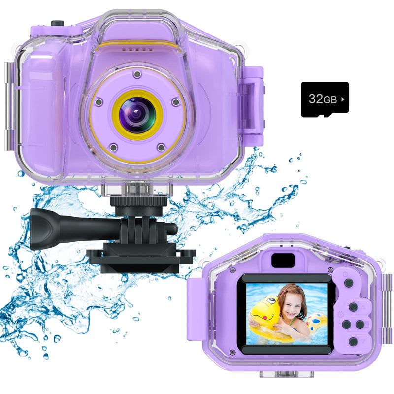 Kids Waterproof Camera, Christmas Birthday Gifts for Boys Girls Toys 3-12 Year Old, Underwater Mini Children HD Digital Action Camcorder, 2 Inch IPS Screen with 32GB Card (Lavender) Lavender
