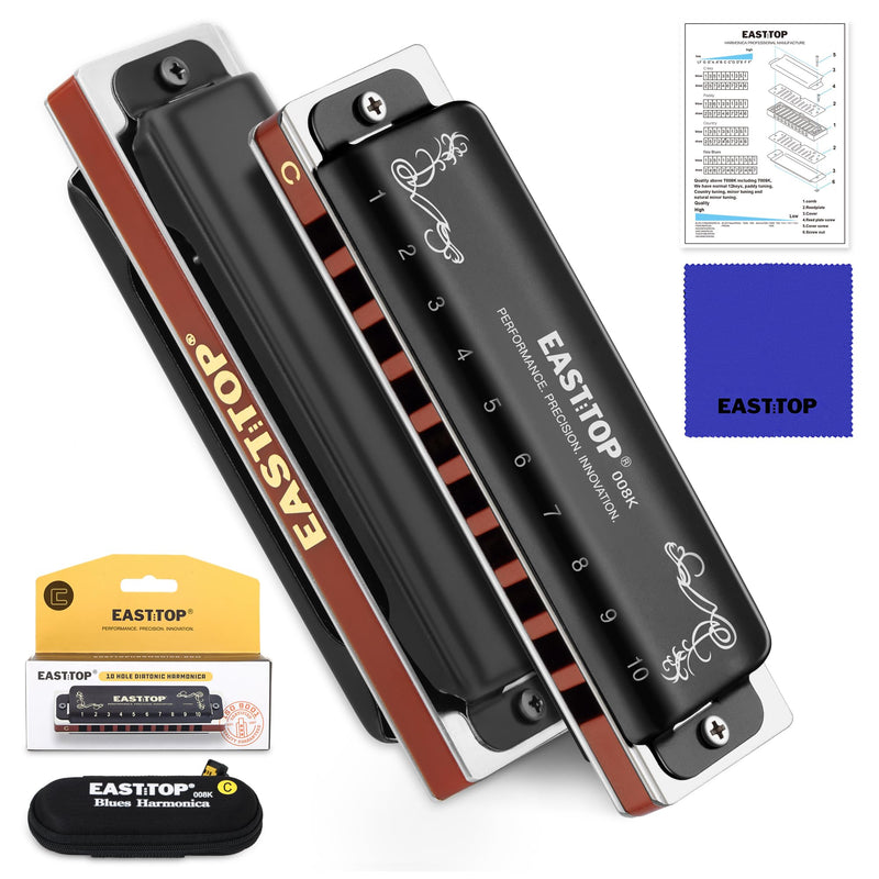 [AUSTRALIA] - East top Harmonica C, Updated Diatonic Blues Deluxe Harmonica C Key 10 Holes 20 Tones Professional Diatonic Mouth Organ, harmonica for Adults, Professionals, Beginners and Students as gift black 