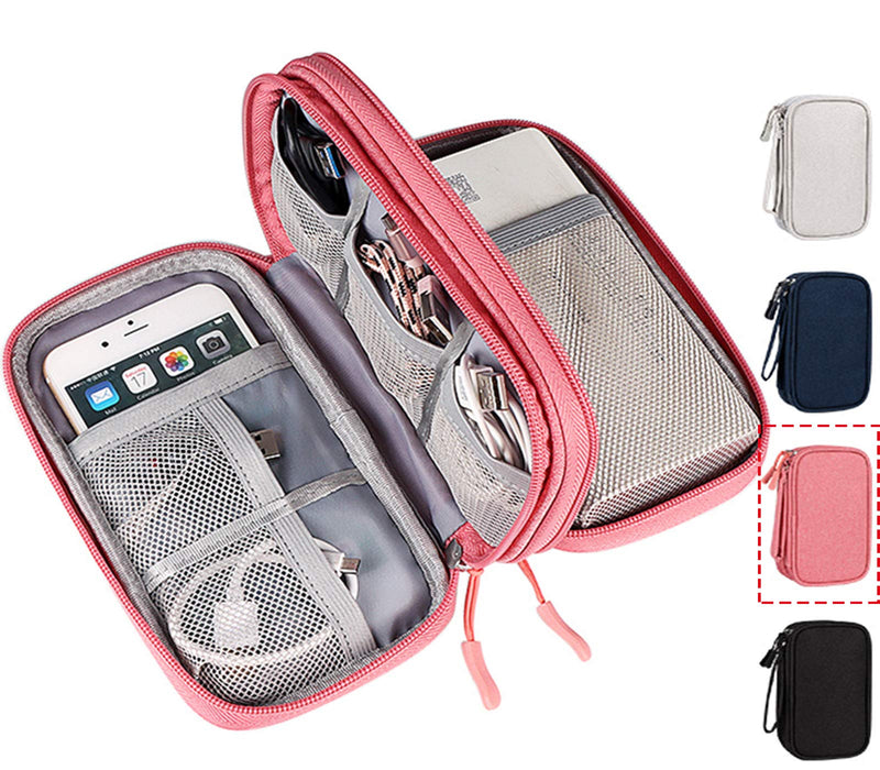 Electronic Organizer Travel USB Cable Accessories Bag/Case,Waterproof for Power Bank,Charging Cords,Chargers,Mouse ,Earphones Flash Drive Double Layer - Pink