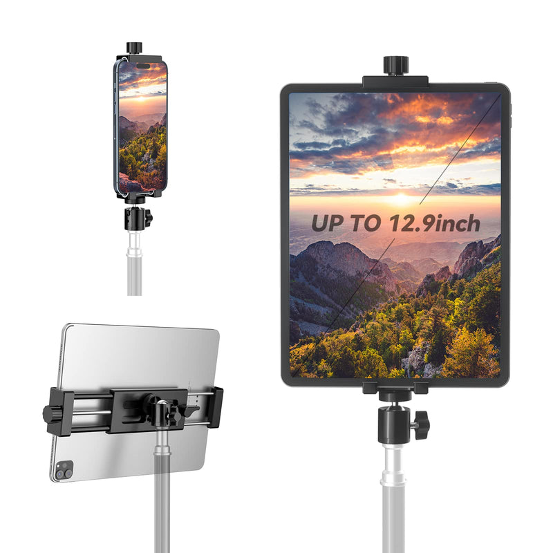 iPad Tripod Mount Adapter with Ball Head, Fully Metal iPad Holder for Tripod, Phone Tablet Mount Stand Compatible with iPad Pro 12.9, iPad Air 2 3 4, iPad Mini, Galaxy Tab, iPhone (4-15”) 4-15