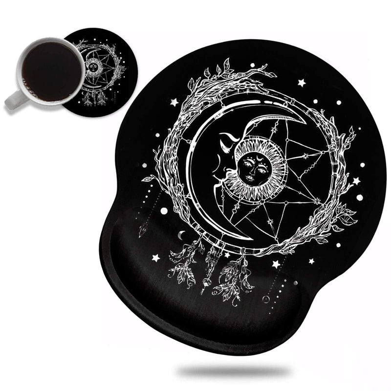 Ergonomic Mouse Pad Wrist Support and Cute Coffee Coaster, Celestial Theme Sun with Crescent Moon Design Wrist Rest Mousepad, Pain Relief Wrist Mouse Pads for Computer Laptop Home Office Bos-wrist Mp-15