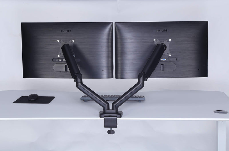 ApexDesk Dual Monitor Arm Desk Mount – Adjustable Height Gas Spring – VESA Mount with C Clamp & Mounting Base – Computer Monitor Stand for Screen up to 32 inch – Holds up to 20 lbs., Black (DMM-24) Dual Arm