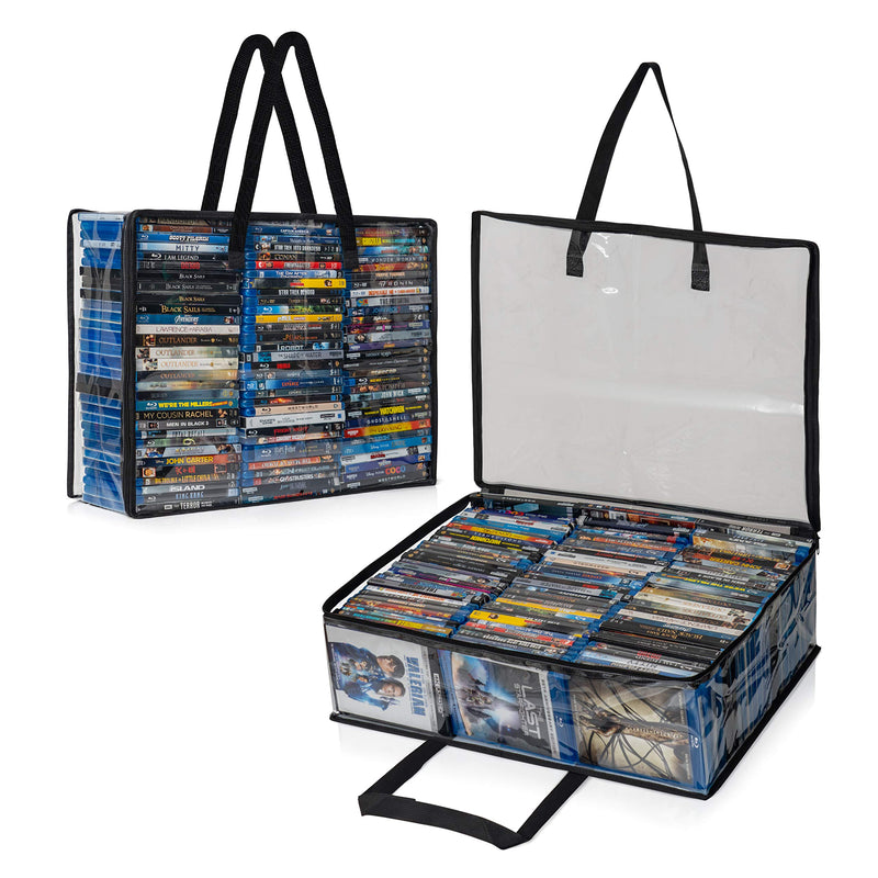 [AUSTRALIA] - Besti Blu Ray Case Holder Organizer, Set of 2 Clear Plastic Bags with Handles for Storing Blurays, DVDs, CDs, Storage Bags for Video Game Cases, Holds Up to 90 Bluray and 60 DVD Cases (Black) Black 
