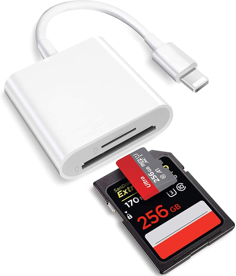 2 in 1 Lightning to SD Card Reader for iPhone, [Apple MFi Certified] Dual Slot Micro SD TF Memory Card Reader Adapter, Trail Game Camera SD Card Viewer, Quickly Transfer Photos Videos Plug and Play
