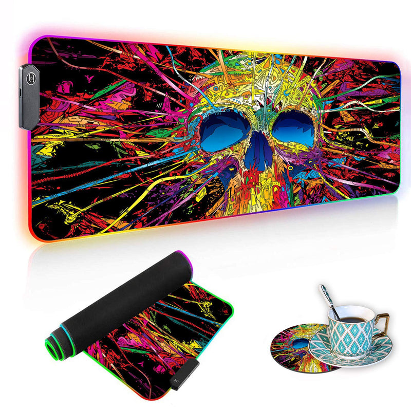Luasao RGB Gaming Mouse Pad with Coffee Coaster, Color Skull Design XXL Large Glowing LED Mousepad, Anti-Slip Rubber Base, Computer Keyboard Desk Mouse Mat 31.5 X 11.8 Inch