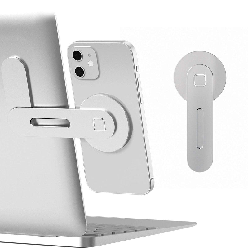 Magnetic Phone Holder for Laptop Designed for iPhone 15/14/ 13/12 MagSafe, Adjustable Phone Monitor Side Mount, Slim Portable Foldable Computer Expansion Bracket, Silver Sliver