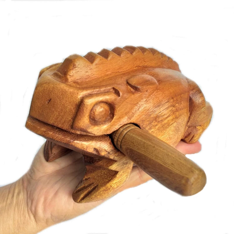 Large 7" Wood Frog Guiro Rasp Percussion Instrument Tone Block Frog Animal Shaped Figurine Wooden Handcraft Musical Lucky Frog Home Office Decoration (Tan) Tan