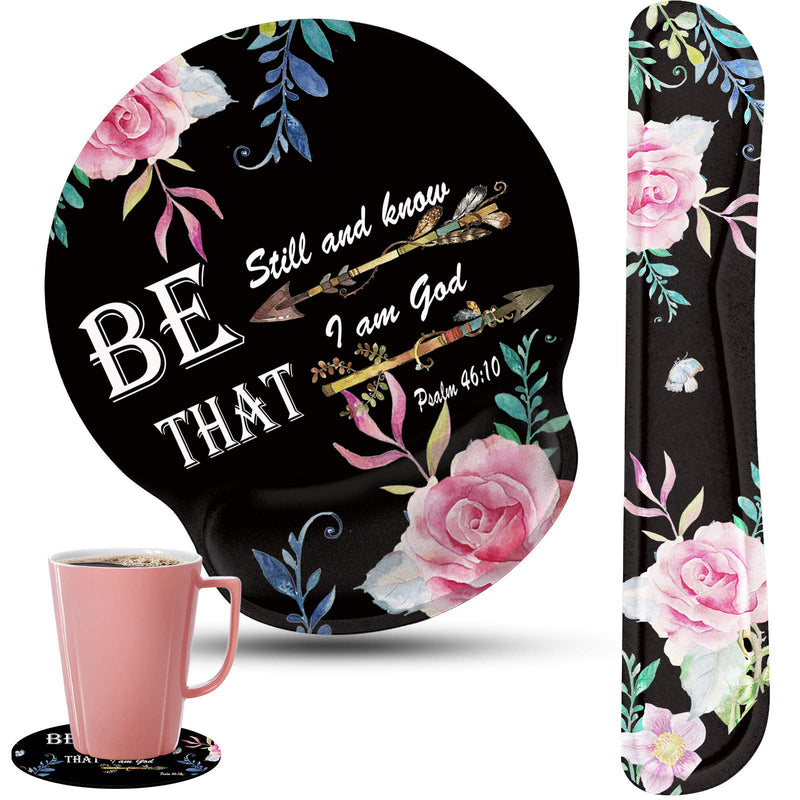 Keyboard Wrist Rest and Mouse Pad Wrist Support Set with Coffee Coaster, Non-Slip PU Base for Gaming and Office, Comfortable & Lightweight for Easy Typing & Pain Relief,Flower Bible Verse Psalm 46:10 Flower Bible Verse Psalm 46:10