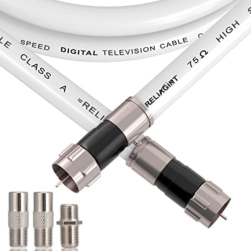 50ft White RG6 Coaxial Cable with F Connector, F81 Female Extension Adapter, Low Loss High-Speed Coax Cable Cord Extender for HD TV, Dish, Satellite, Antenna 50' 50 FT
