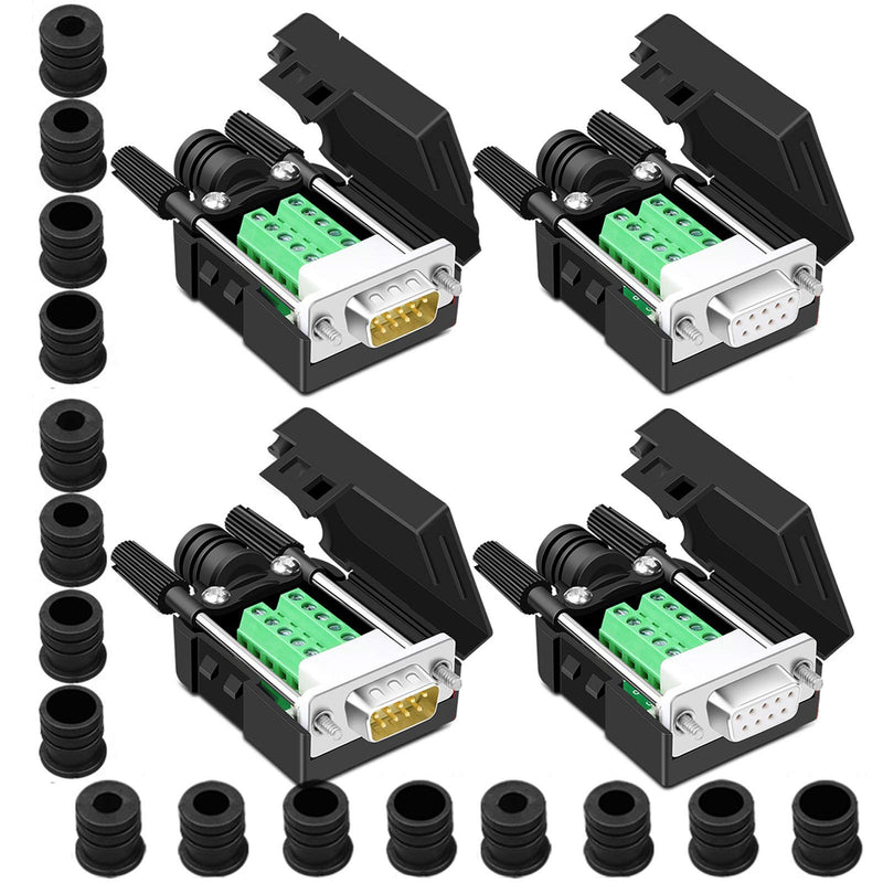 ANMBEST 4PCS DB9 Breakout Connector,2PCS Male + 2PCS Female DB9 Solderless RS232 D-SUB Serial to 9-pin Port Terminal Adapter Connector Breakout Board with Case Long Bolts Tail Pipe 4PCS Male+Female