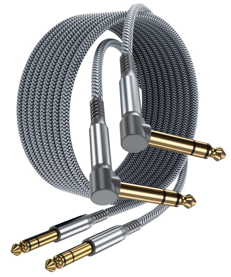 Elebase 1/4 Inch TRS Instrument Cable 10ft 2-Pack,Right-Angled to Straight 6.35mm Male Jack Stereo Audio Cord,6.35 Balanced Interconnect Line for Electric Guitar,Bass,Keyboard,Mixer,Amplifier,Speaker Grey 10 FT