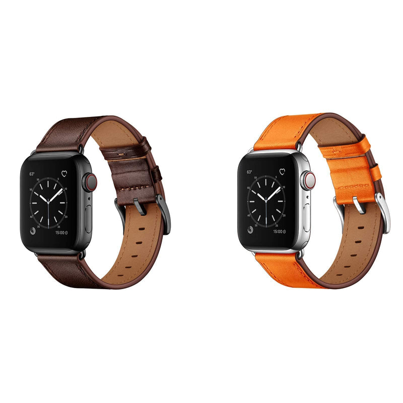 OUHENG Compatible with Apple Watch Band Genuine Leather Replacement Strap 49mm 45mm 44mm 42mm Dark Brown & Orange