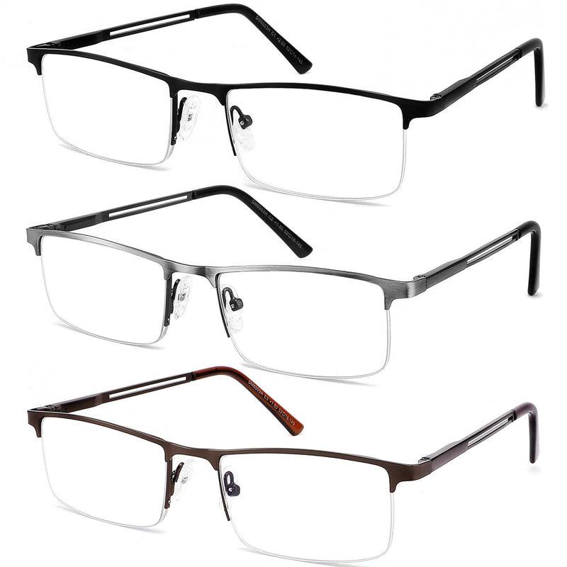 JJWELL 3 Pack Blue Light Blocking Reading Glasses for Men Anti Computer Glare Eyestrain Spring Hinge Readers with Pouches Black Gunmetal Brown 1.5 x