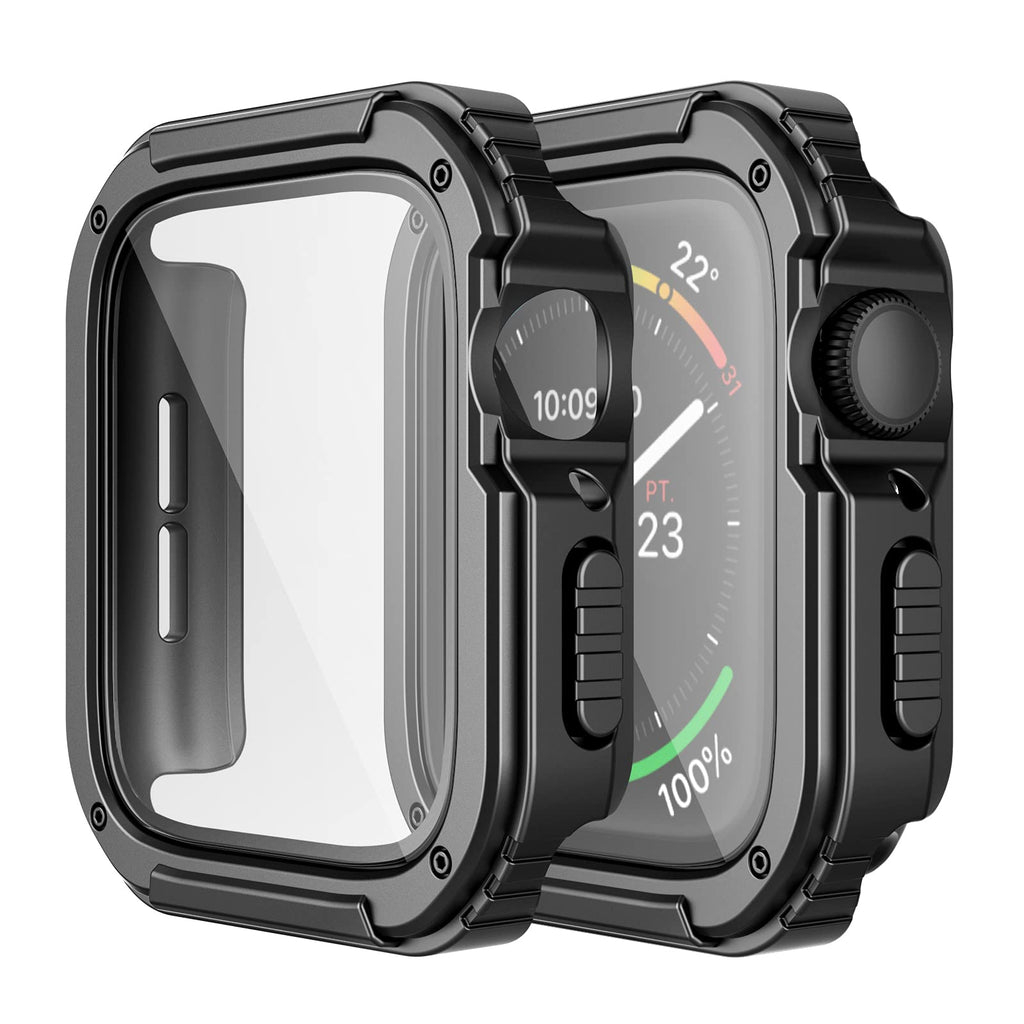 Adepoy 2 Pack Rugged Case Compatible for Apple Watch 44mm Series SE/6/5/4 with Tempered Glass Screen Protector, Military All Around Hard TPU Protective Cover Case Shockproof Bumper for iWatch Men 44mm Black*2